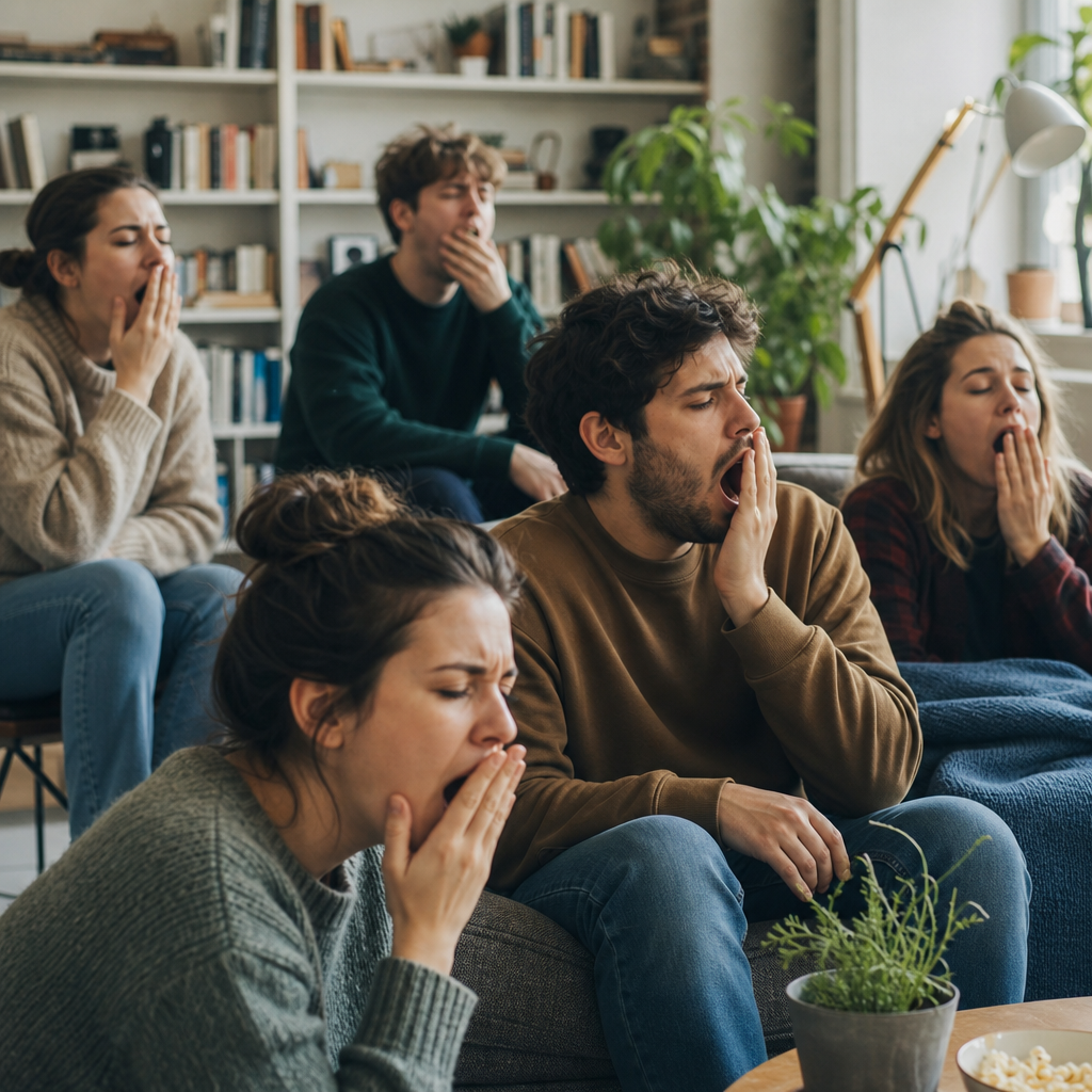 Escena respaldada [contagio]: Ver, escuchar, leer o incluso pensar en bostezos puede desencadenar bostezo contagioso en algunas personas. para el artículo Por qué bostezamos y qué intenta regular el cerebro