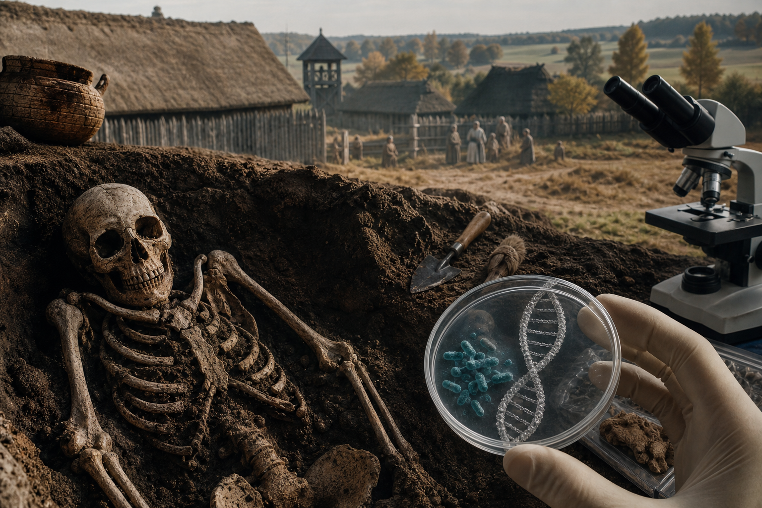 Escena respaldada [poland_plague_evidence_skoki]: Yersinia pestis DNA was detected in an individual (S57) from the Skoki site in Greater Poland, providing molecular evidence of plague in Poland. para el artículo ¿Se salvó Polonia de la Black Death? Lo que dicen el polen y el ADN