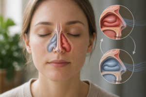 Escena respaldada [nasal_cycle_alternating_turbinate_swelling]: A common cause of one-sided nasal congestion is the normal nasal cycle: nasal turbinates in each nostril alternately swell and shrink so that one side is more congested while the other is more open. para el artículo ¿Por qué a veces solo respiro por una fosa nasal?