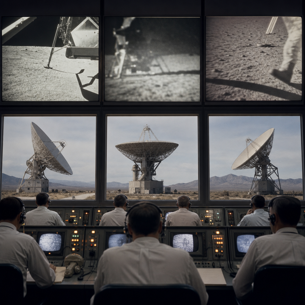 Escena respaldada [nasa_alternated_between_signals_first_nine_minutes]: During the first nine minutes of the broadcast NASA alternated between the video signals being received by the three tracking stations. para el artículo En directo desde la Luna: por qué la imagen llegó borrosa y aún así nos pareció milagro